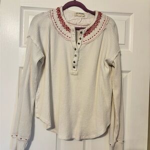 We The Free Henley Button Down Shirt with Red Embroidery